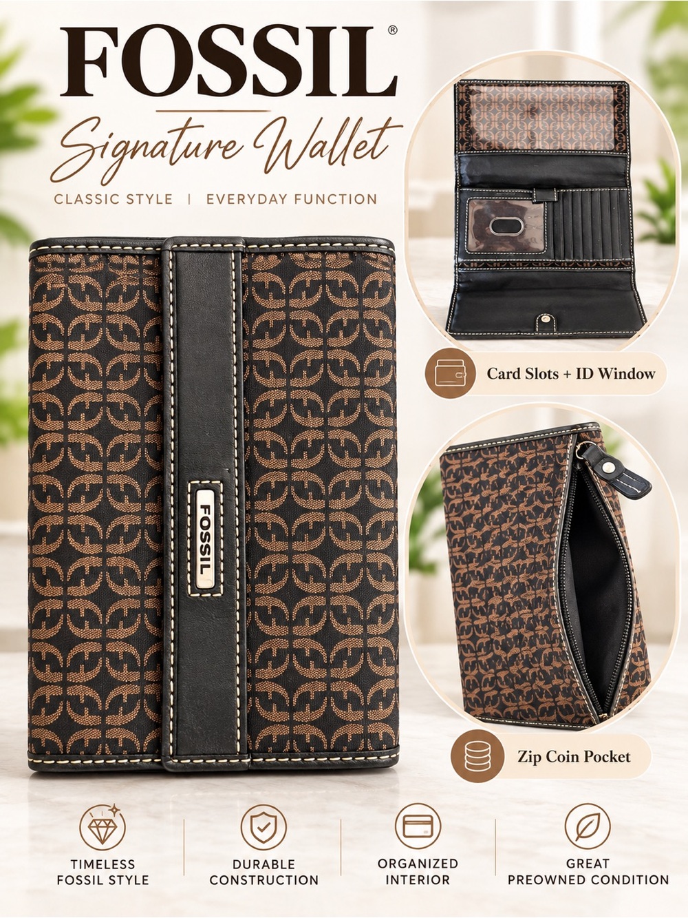 Fossil Signature Monogram Brown Black Clutch Wallet Zip Coin Pocket